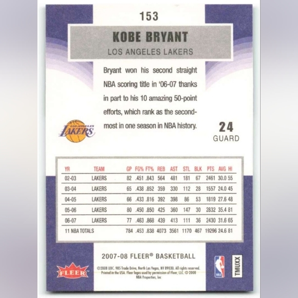 Kobe Bryant 07/08 Fleer Basketball Card - Picture 2 of 2